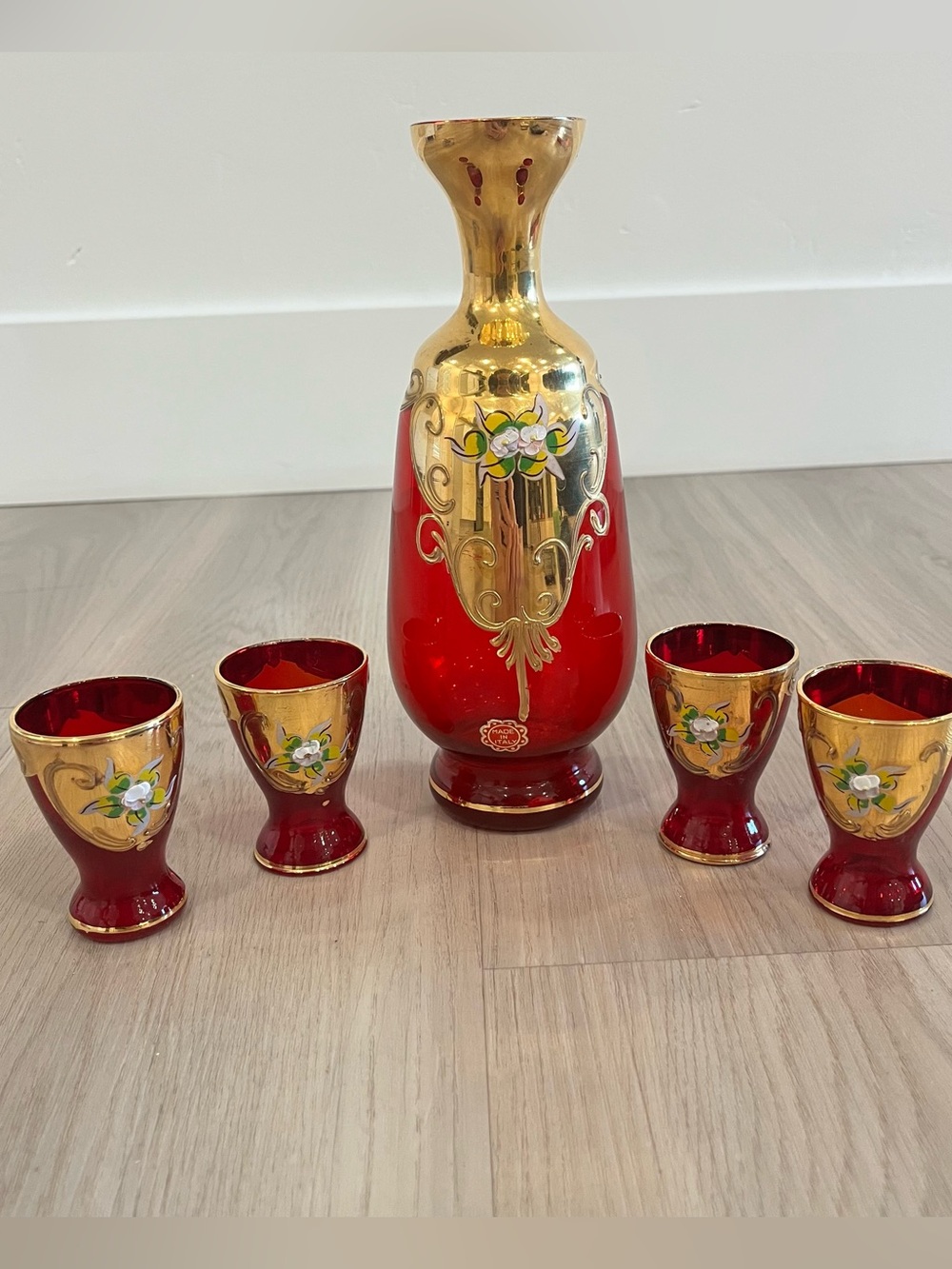 Made in Italy Red & Gold Floral Glass Decorative Decanter Set w/ 4 shot glasses